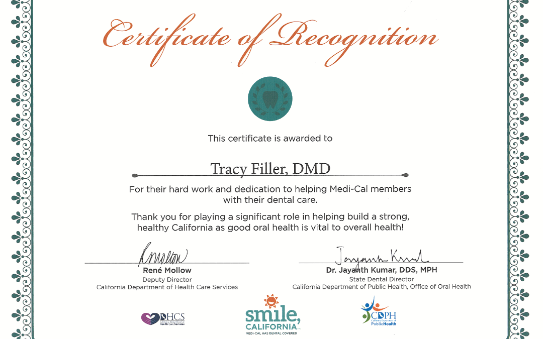 Medi-Cal Dental Certificate of Recognition